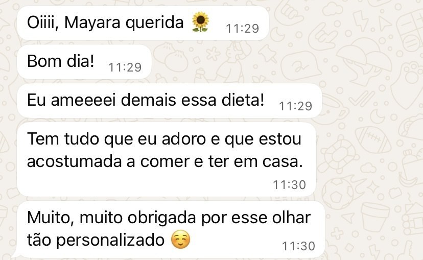 Print de WhatsApp: paciente diz que amou a dieta e agradece o olhar personalizado